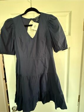 French Connection Navy Puff-Sleeve Tiered Mini Dress
